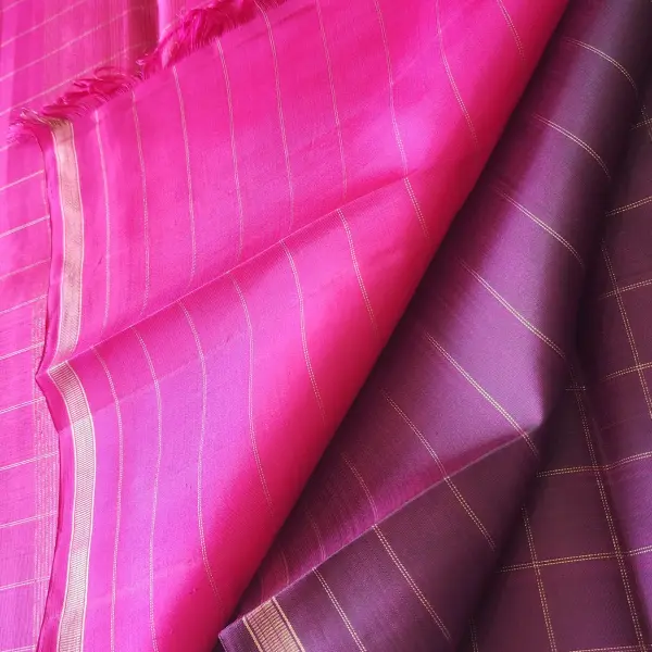 Wine checks saree with pink pallu Pure kanchipuram silk saree