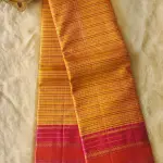 Mustard yellow microchecks with pink border Pure kanchipuram silk saree