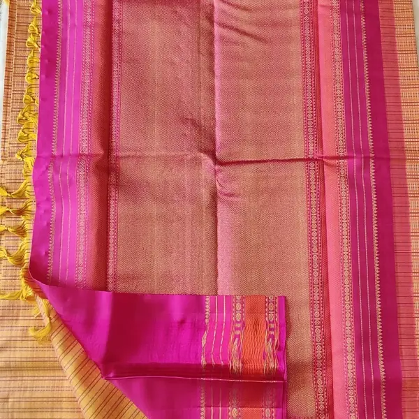 Mustard yellow microchecks with pink border Pure kanchipuram silk saree