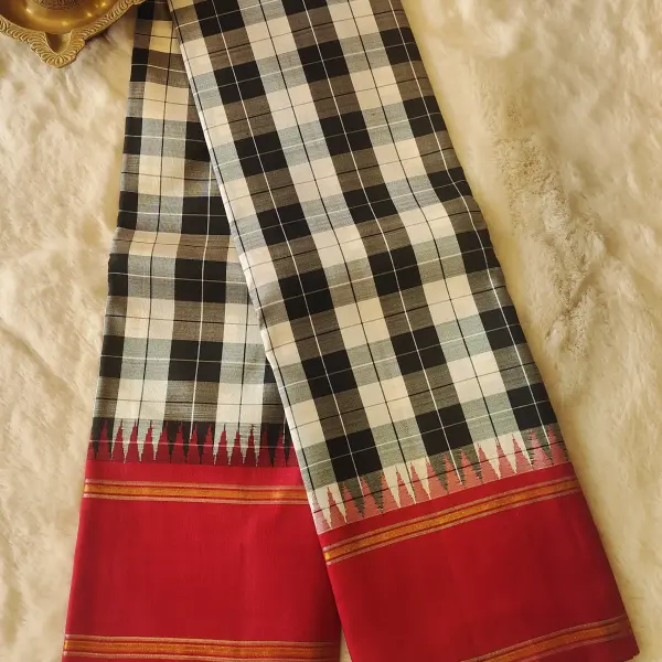 Black and white checks saree with red border Pure kanchipuram silk saree