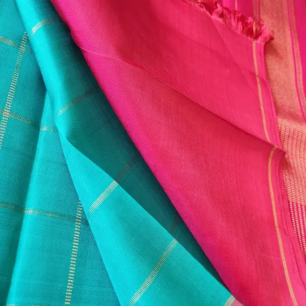 Blue checks with pink pallu pure kanchipuram silk saree