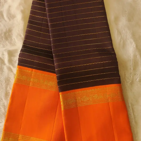 Chocolate brown with orange border pure silk saree