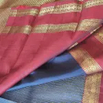 Navy blue with gold and silver verticle lines red border pure silk saree
