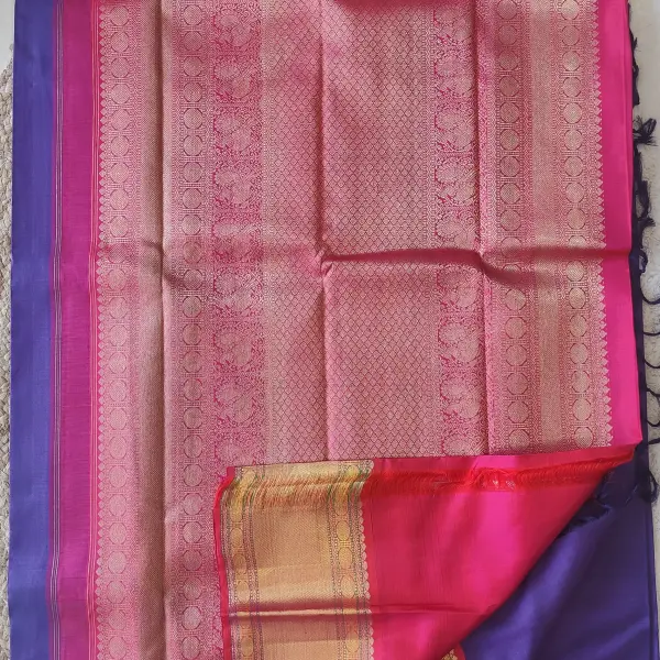 Dark blue with Mango motifs and pink border pure silk saree