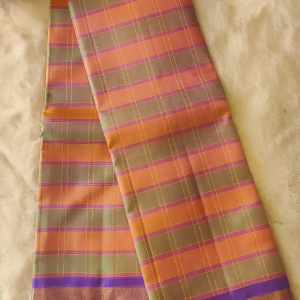 Orange and Green checks with purple border pure silk saree