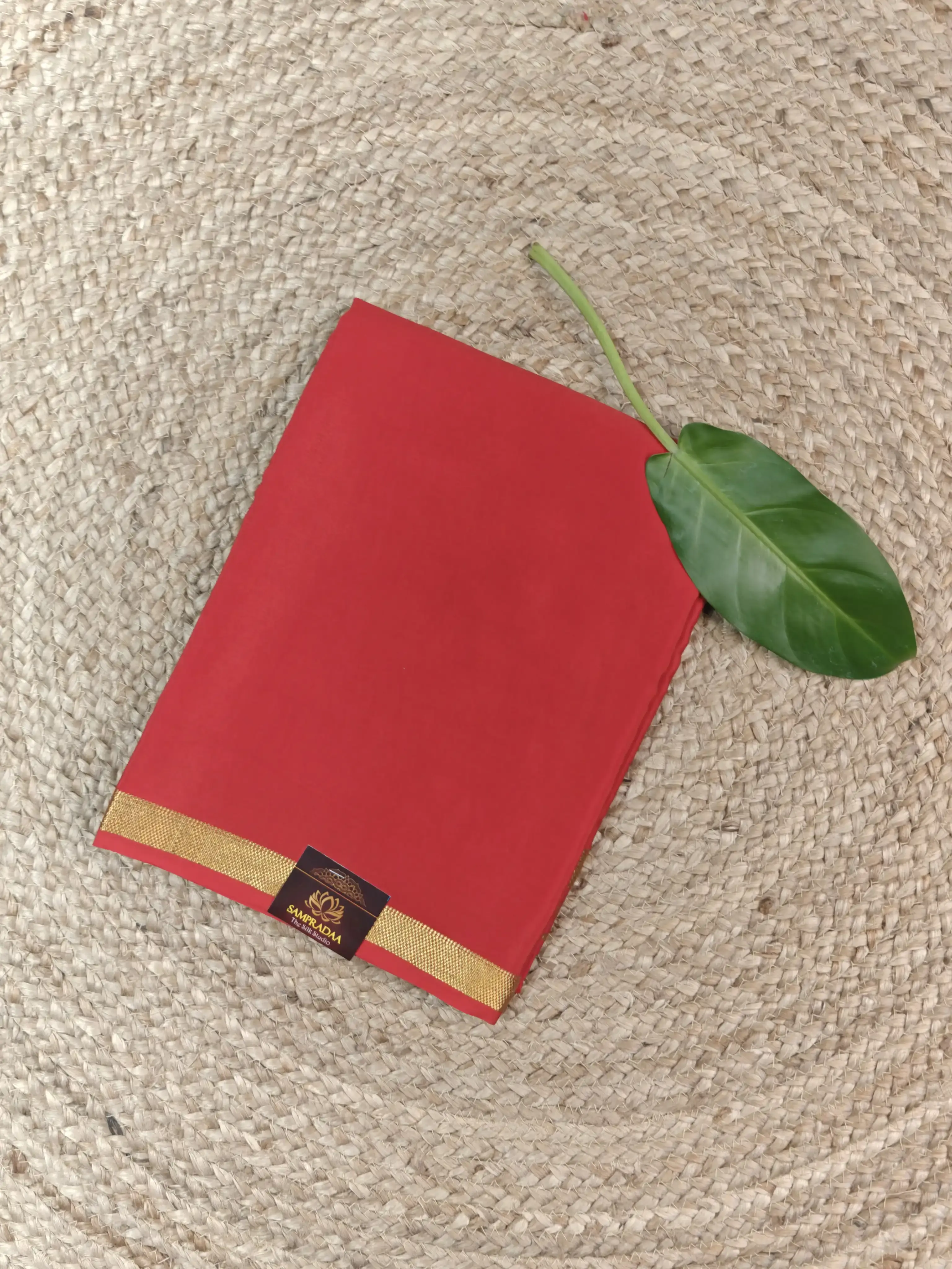 Cherry red plain Pure Mysore crepe silk saree 120gsm