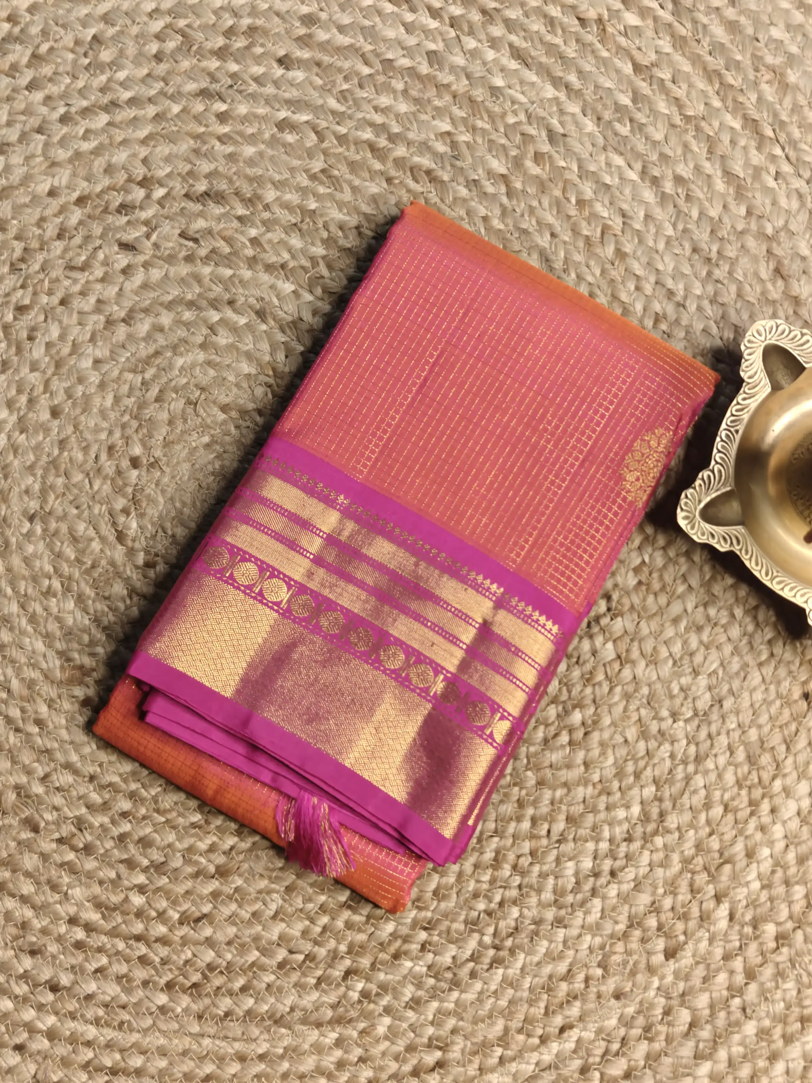 Orangish pink zari microchecks Pure kanchipuram silk saree