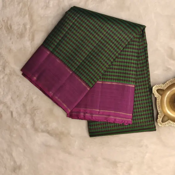Green and brown checks pattern Pure Kanchipuram silk saree