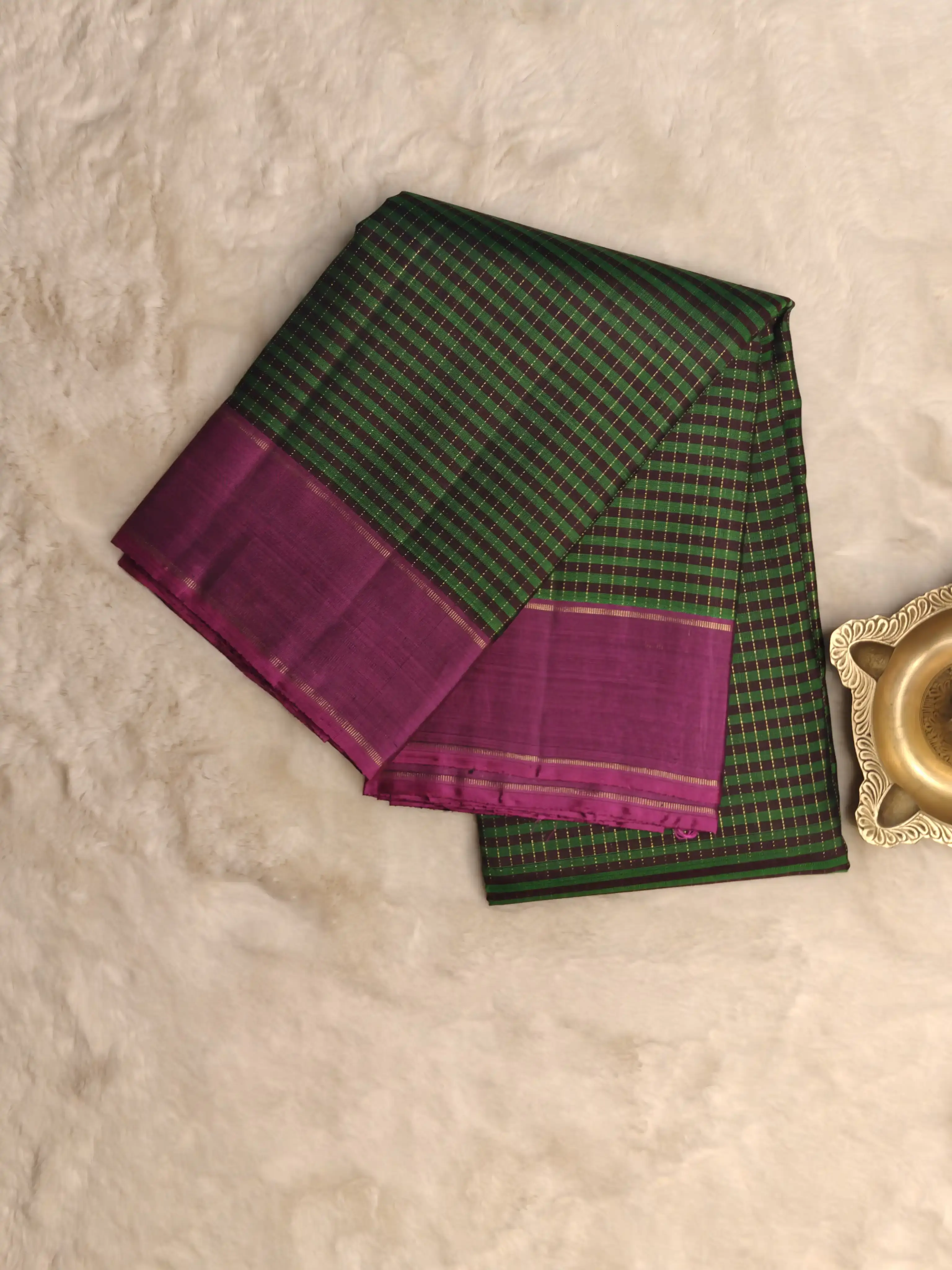 Green and brown checks pattern Pure Kanchipuram silk saree