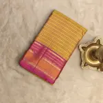 Mustard yellow microchecks with pink border Pure kanchipuram silk saree
