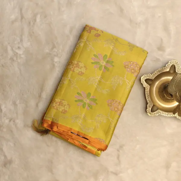 Yellow contemporary floral pattern Pure kanchipuram silk saree