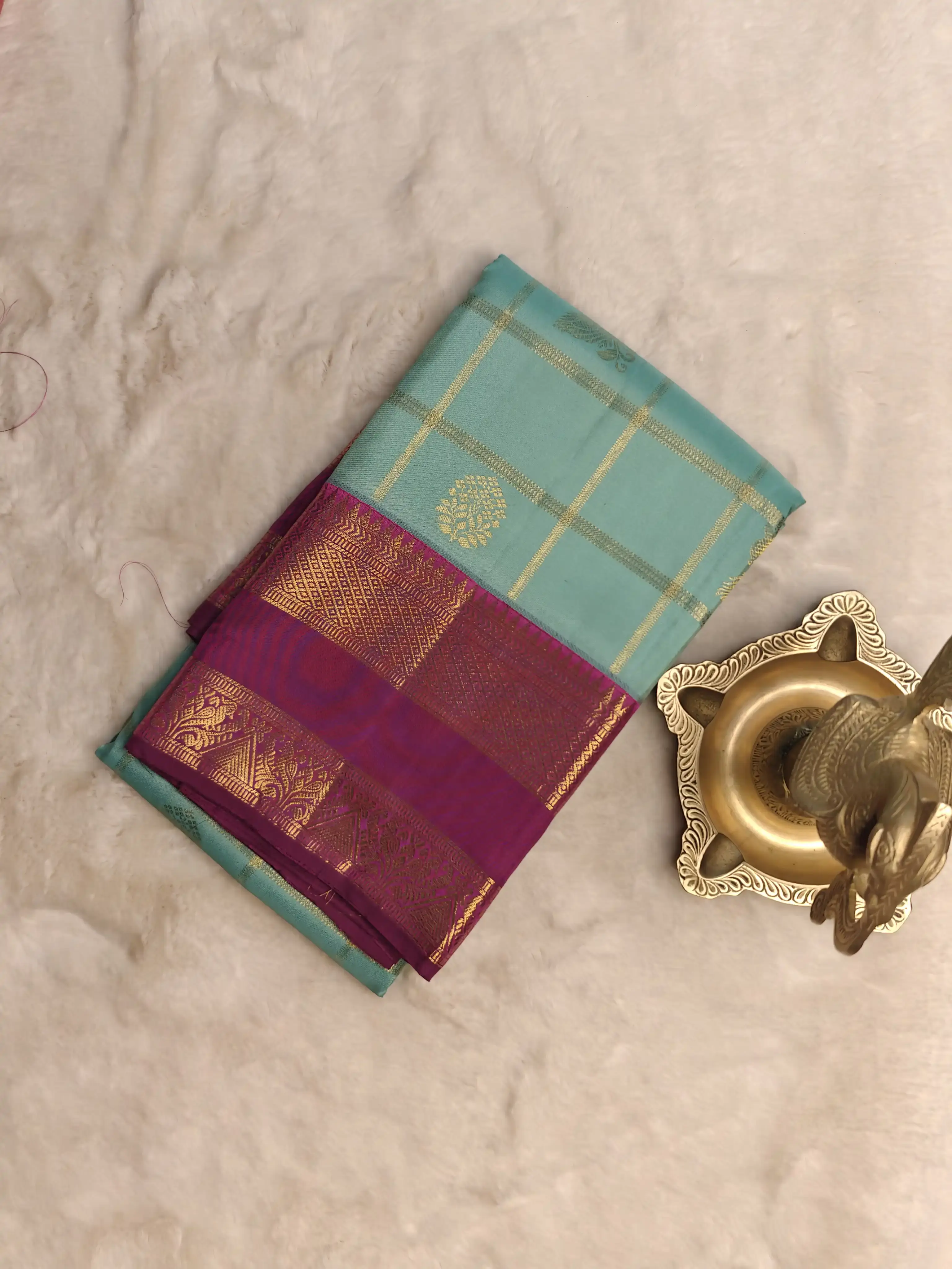 Sea green checks with pink bentex border Pure Kanchipuram silk saree