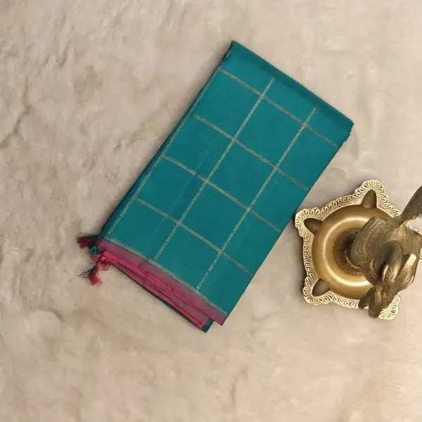 Blue checks with pink pallu pure kanchipuram silk saree
