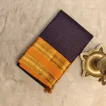 Navy blue microchecks with orange bentex border Pure kanchipuram silk saree