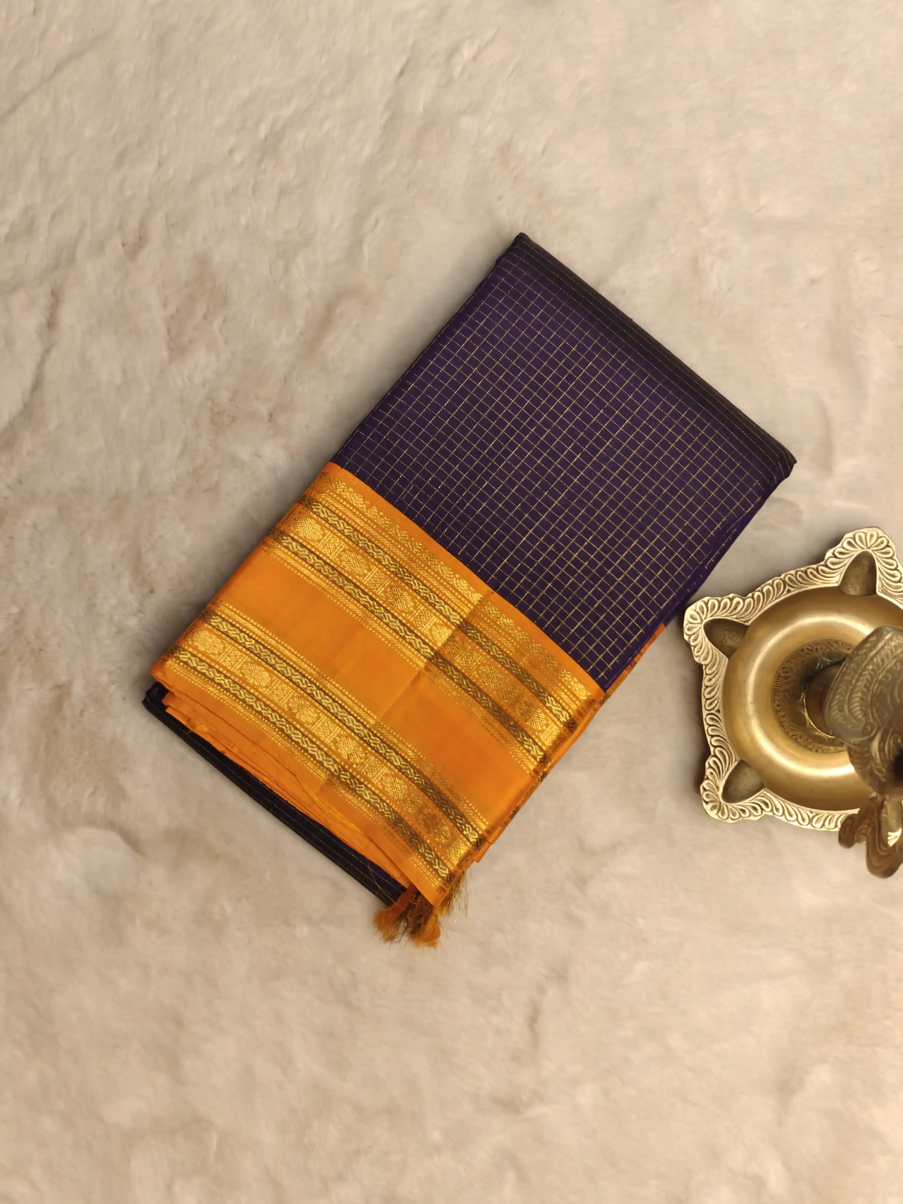 Navy blue microchecks with orange bentex border Pure kanchipuram silk saree