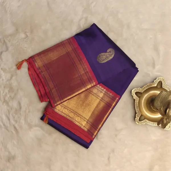 Dark blue with Mango motifs and pink border pure silk saree