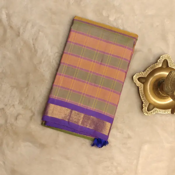 Orange and Green checks with purple border pure silk saree