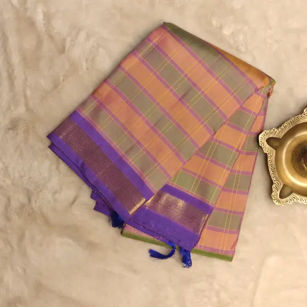 Orange and Green checks with purple border pure silk saree
