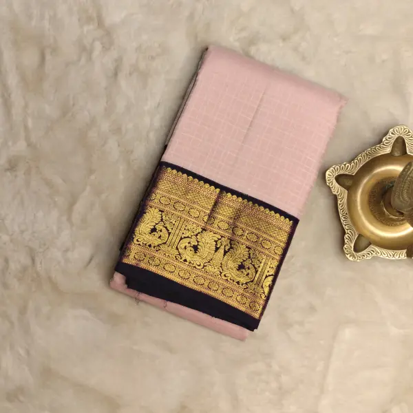 Baby pink self checks dark blue border Pure kanchipuram saree