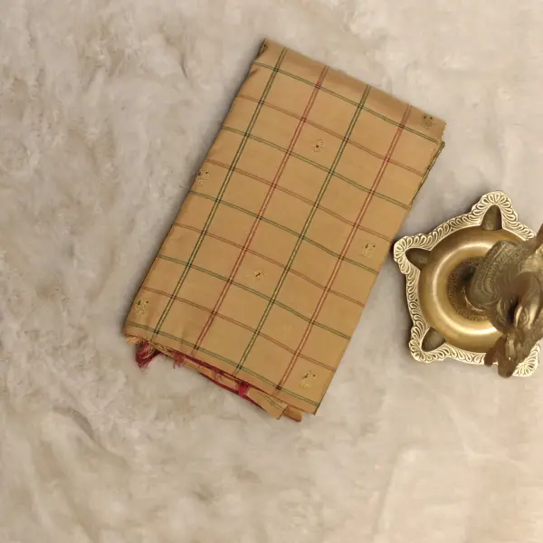 Beige with microchecks pattern Pure kanchipuram silk saree
