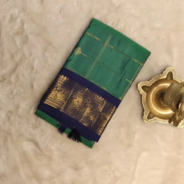 Green checks with navy blue contrast Pure kanchipuram silk saree
