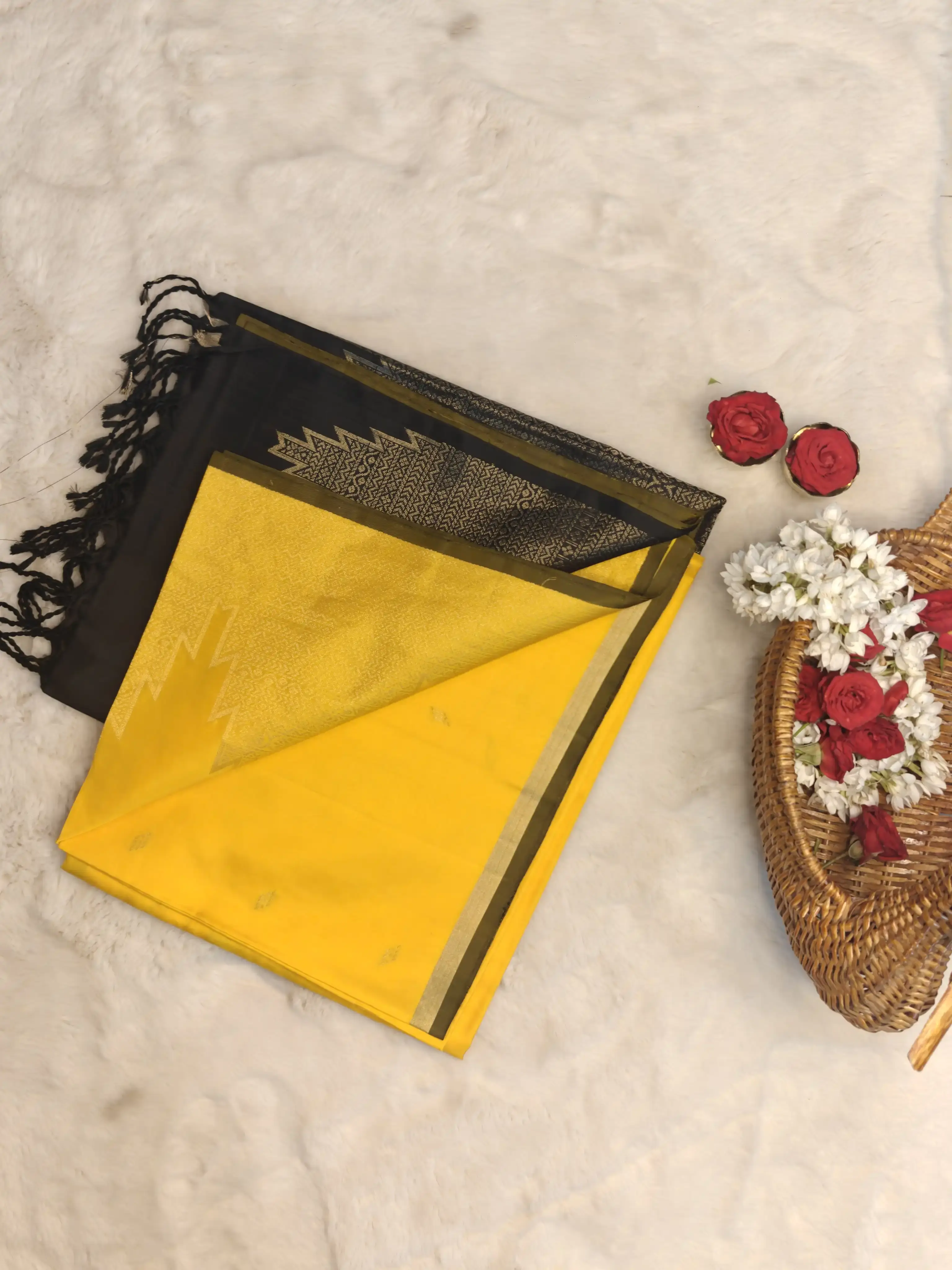 Yellow temple border with black contrast soft silk saree