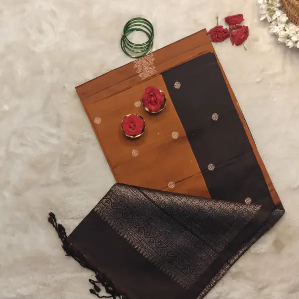 Rust Orange and black soft silk saree