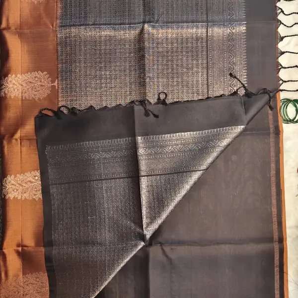 Rust Orange and black soft silk saree