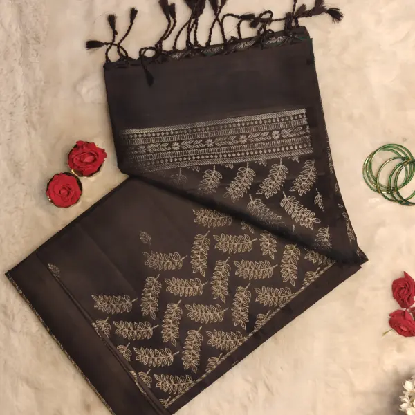 Black silver leaf motifs soft silk saree