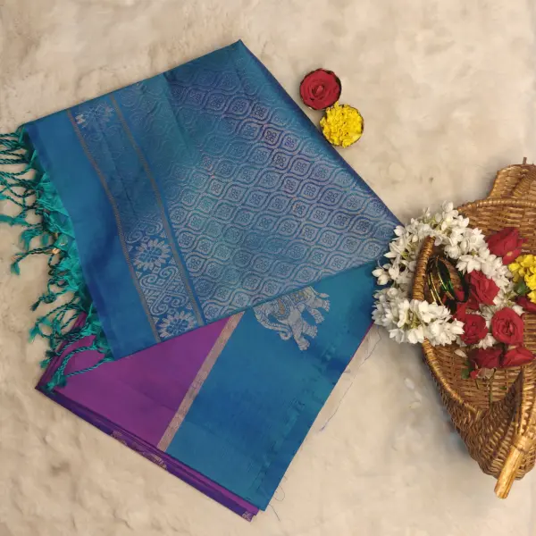 Dark pink with teal blue Elephant motif soft silk saree