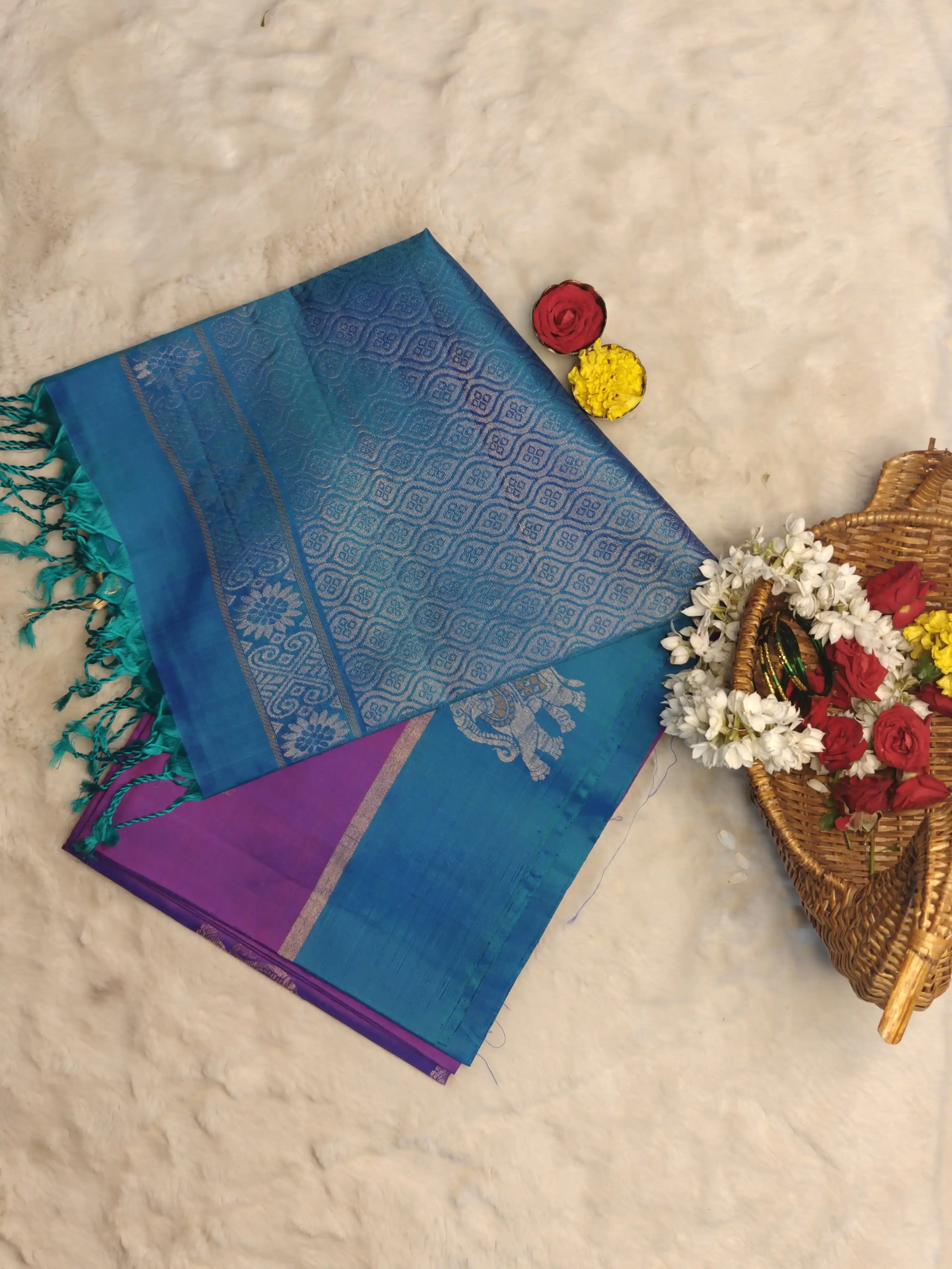 Dark pink with teal blue Elephant motif soft silk saree
