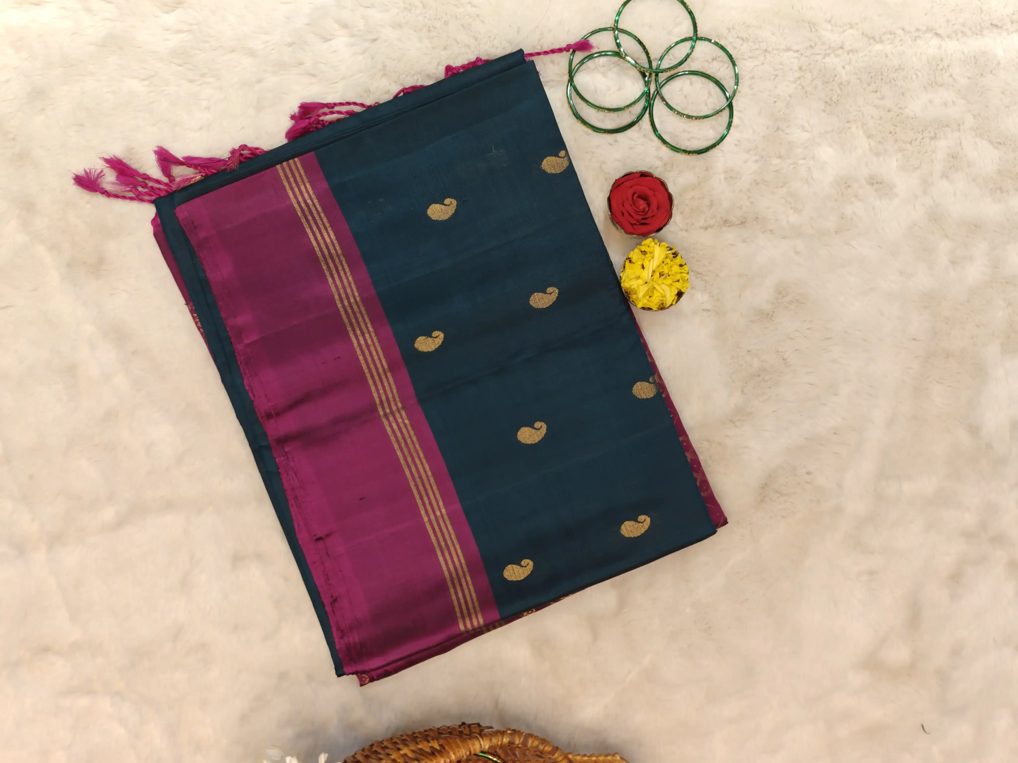 Dark green and maroon with mango motifs and kolam pallu soft silk saree