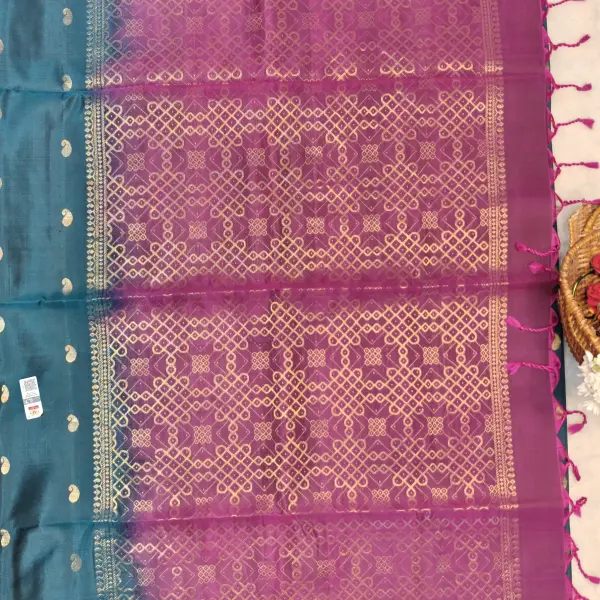 Dark green and maroon with mango motifs and kolam pallu soft silk saree