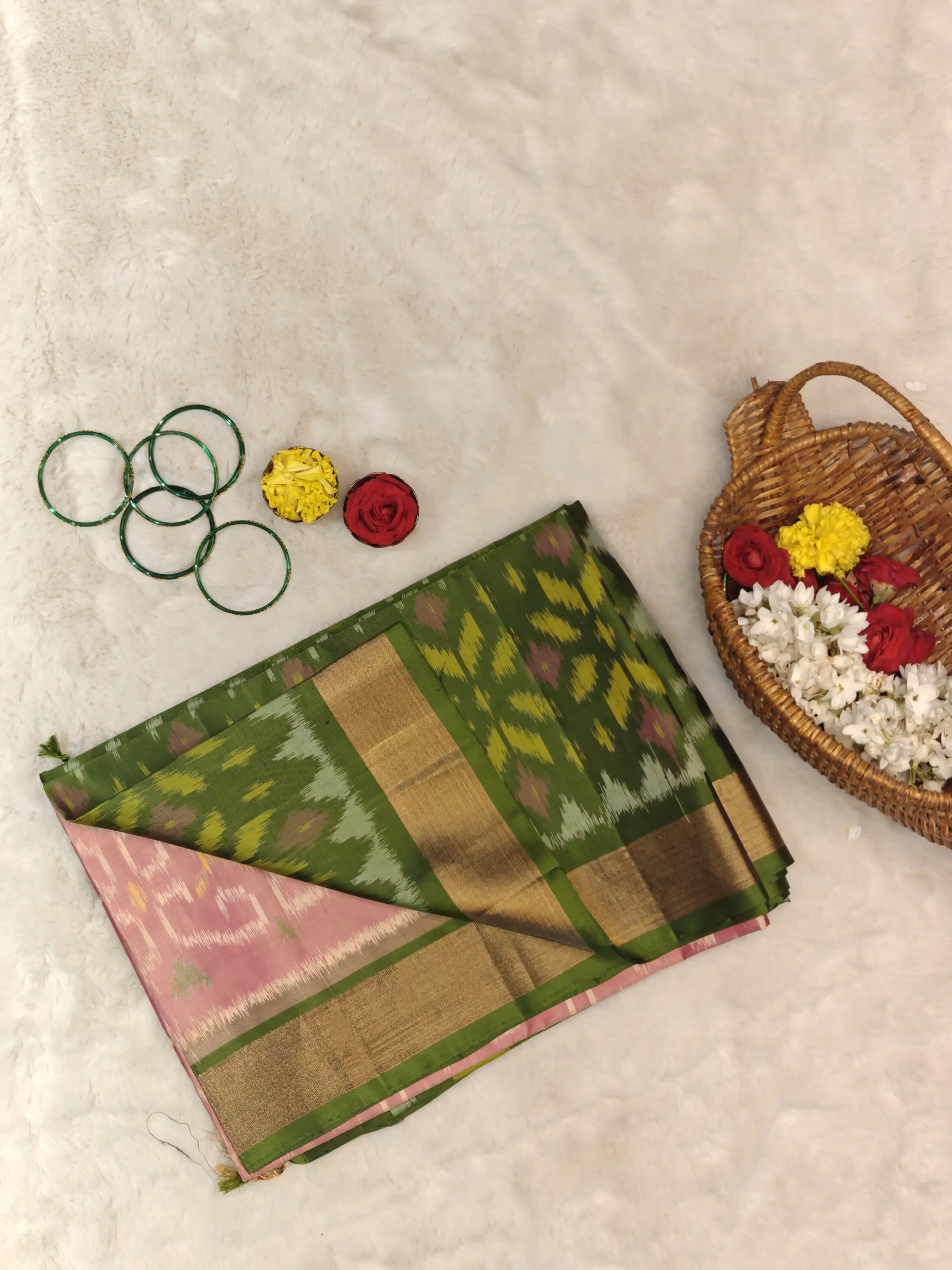 Pastel pink with green border soft silk saree