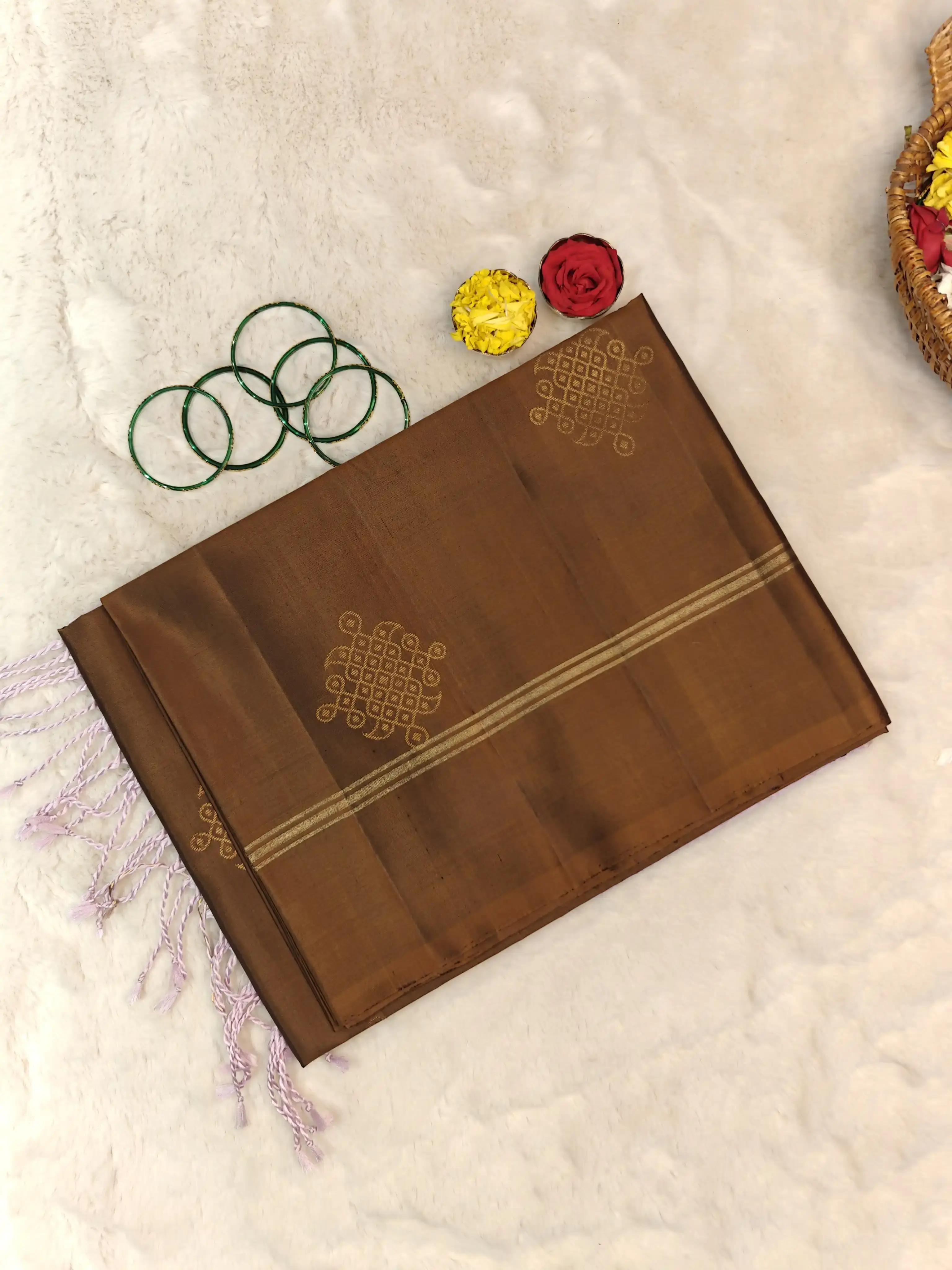 Brown with pastel pink kolam design soft silk saree