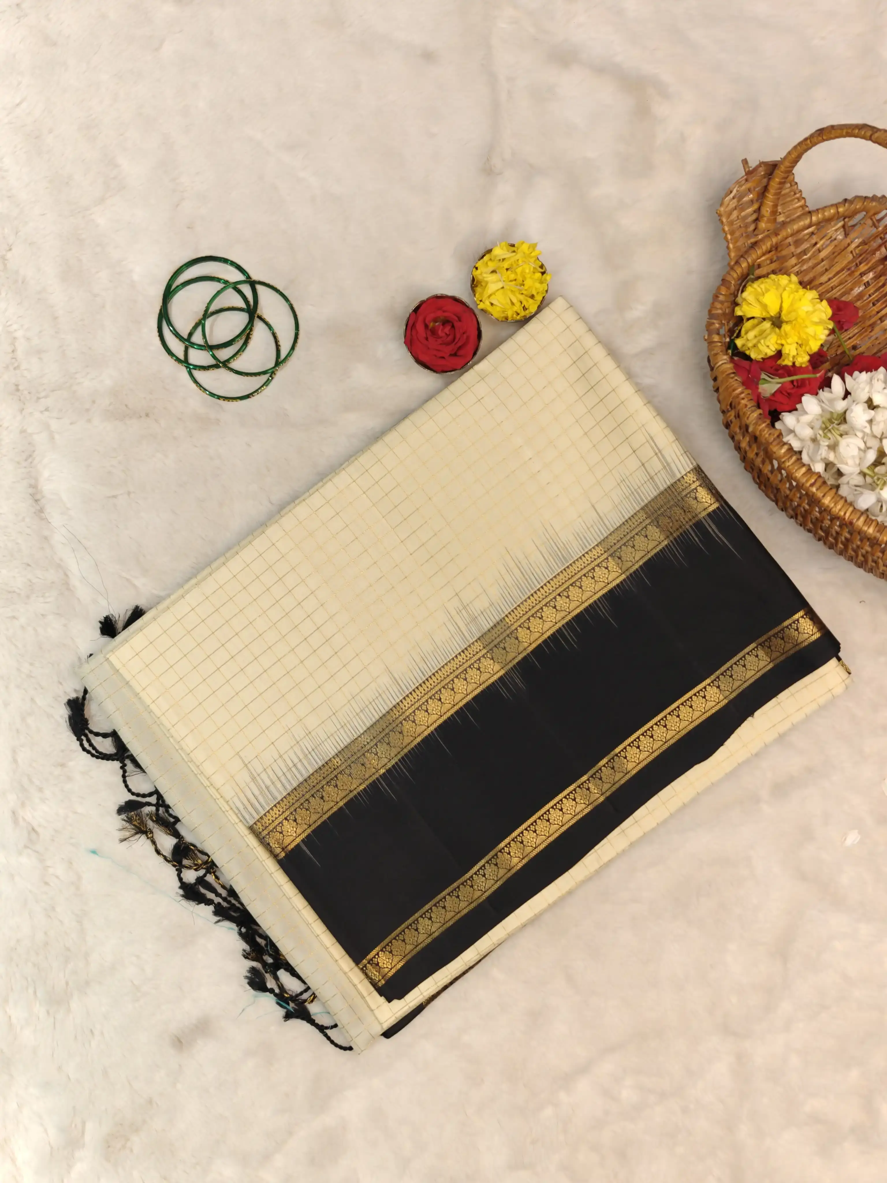 Cream checks with classic black soft silk saree