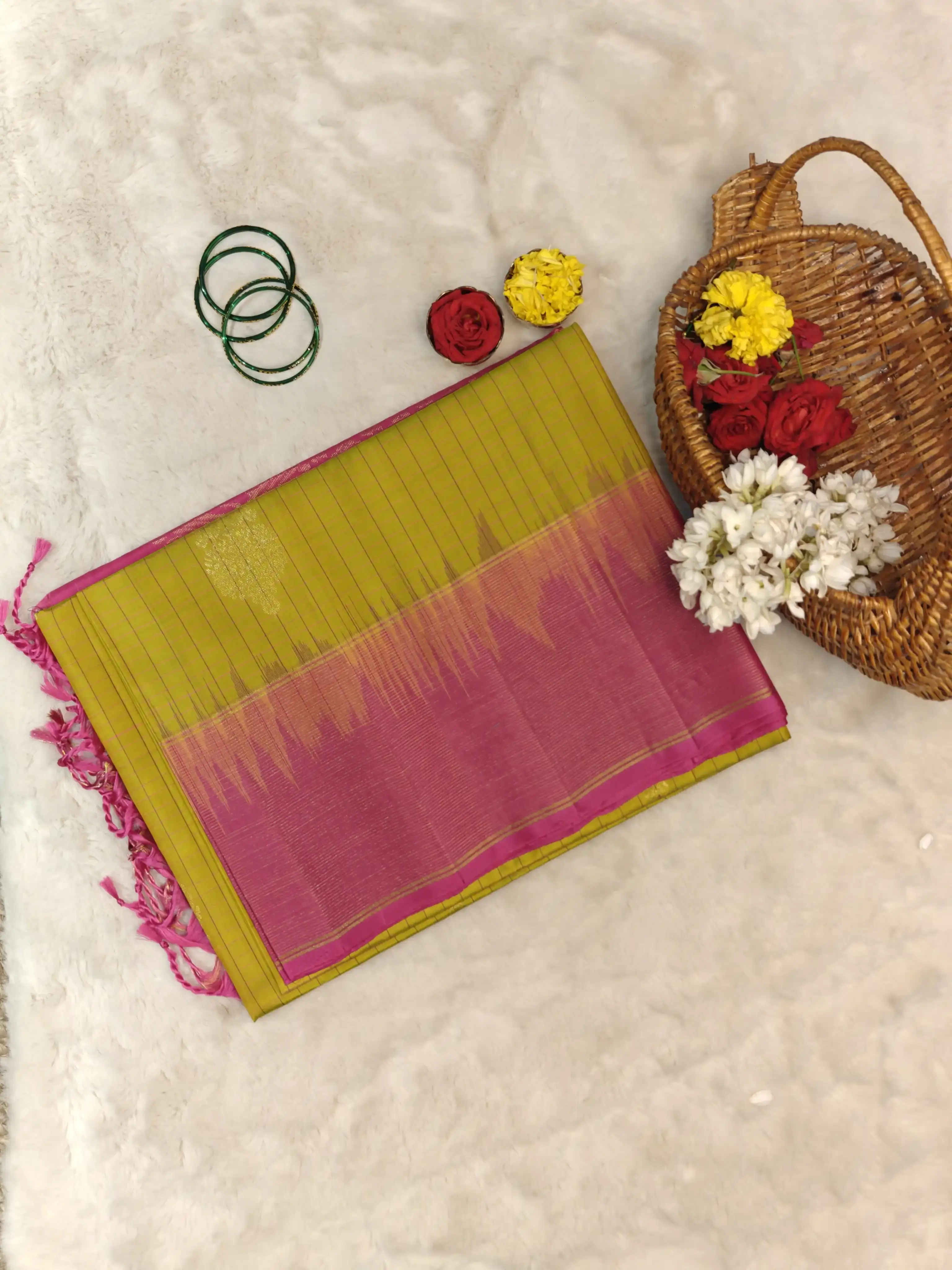 Mustard yellow with rani pink border and checks pattern soft silk saree
