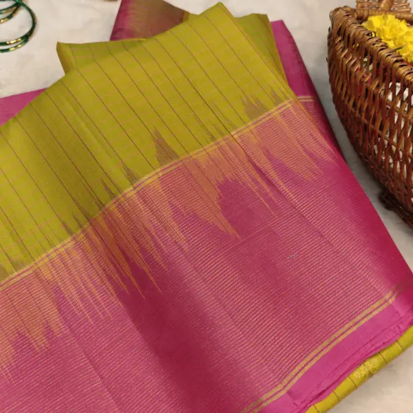 Mustard yellow with rani pink border and checks pattern soft silk saree