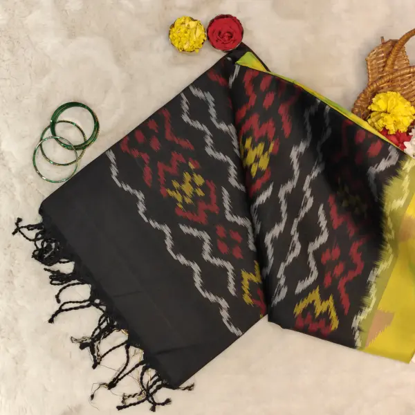 Yellow and black Ikkat pattern soft silk saree