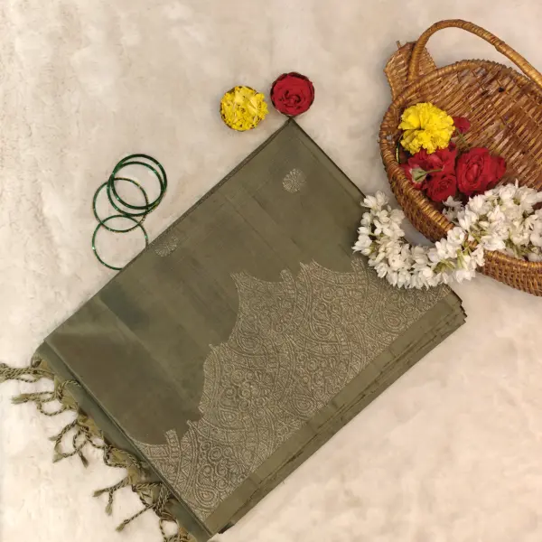 Military green with scallop design contemporary soft silk saree