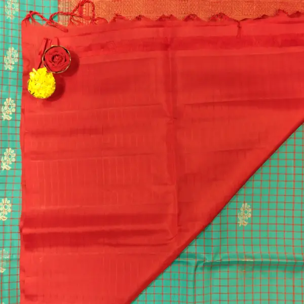 Blue with red checks and motifs soft silk saree