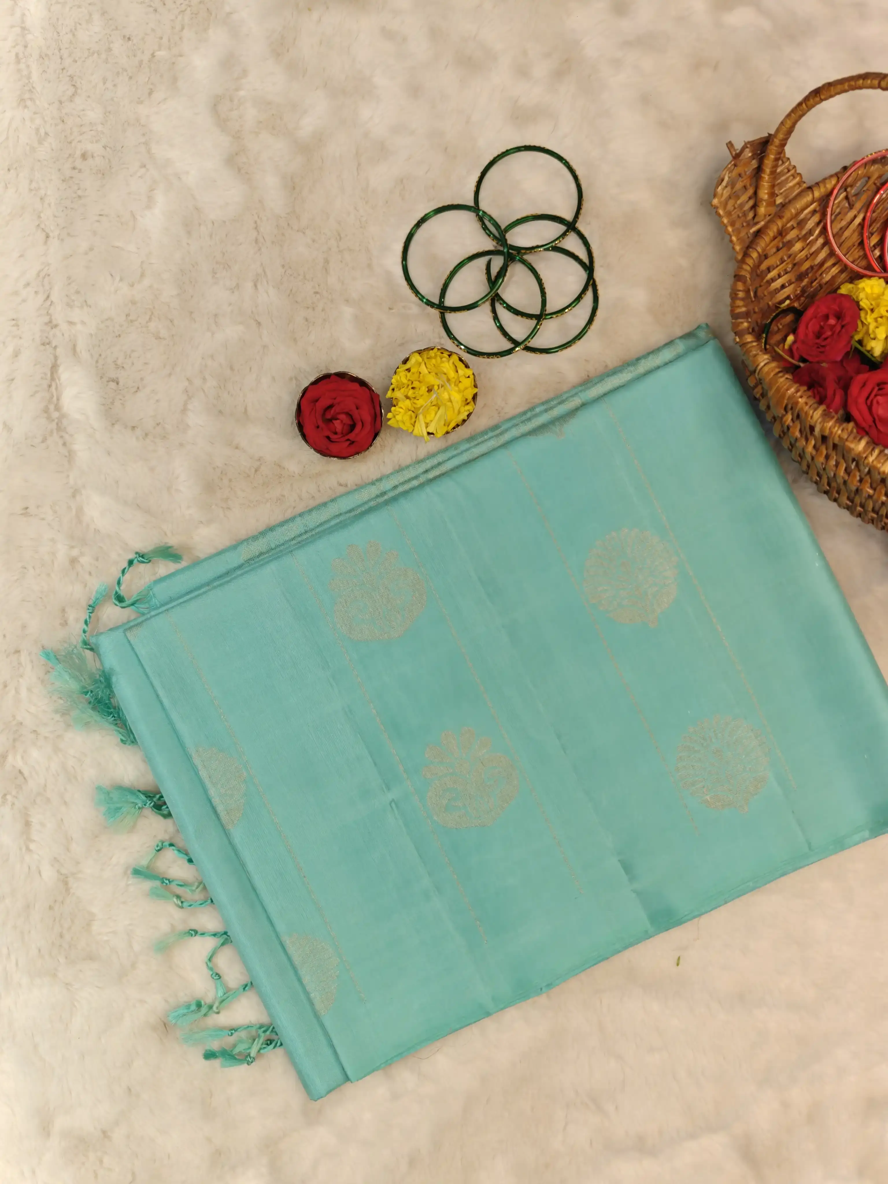 Sea green with big motifs soft silk saree