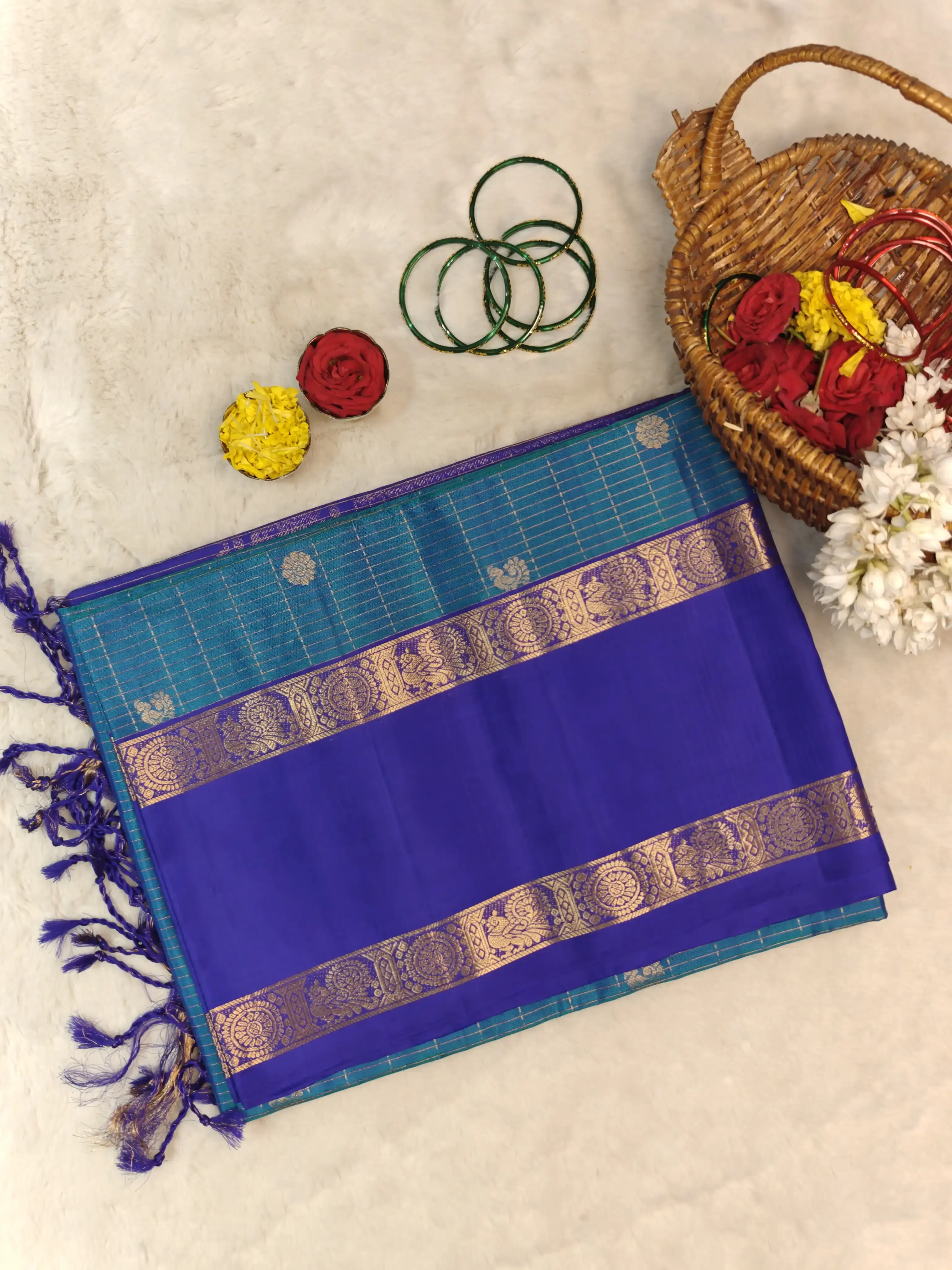 Peacock blue with navy blue bentex border soft silk saree