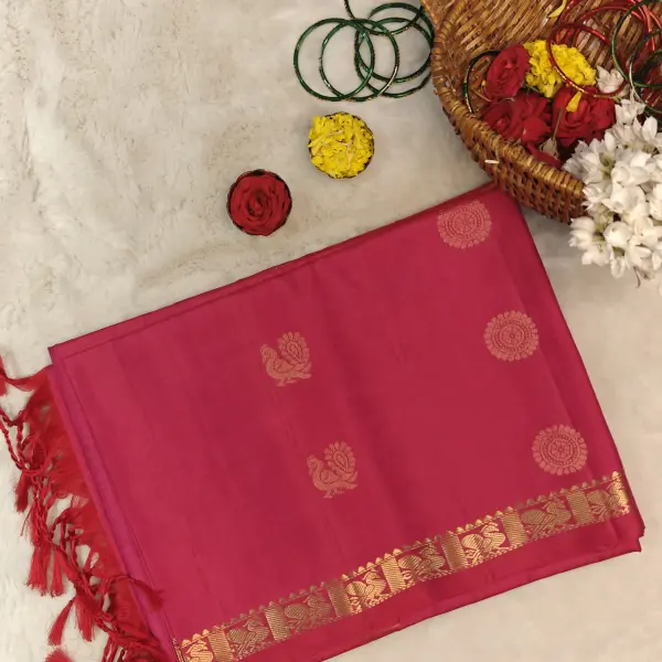 Rani Pink with peacock motifs soft silk saree