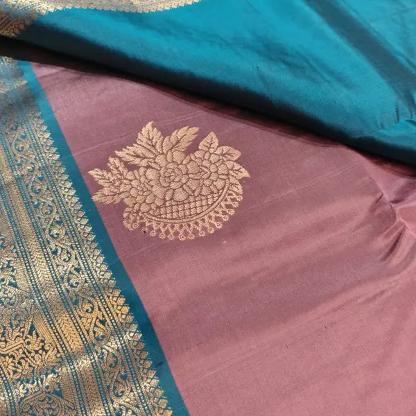 Light brown with teal blue classic border soft silk saree