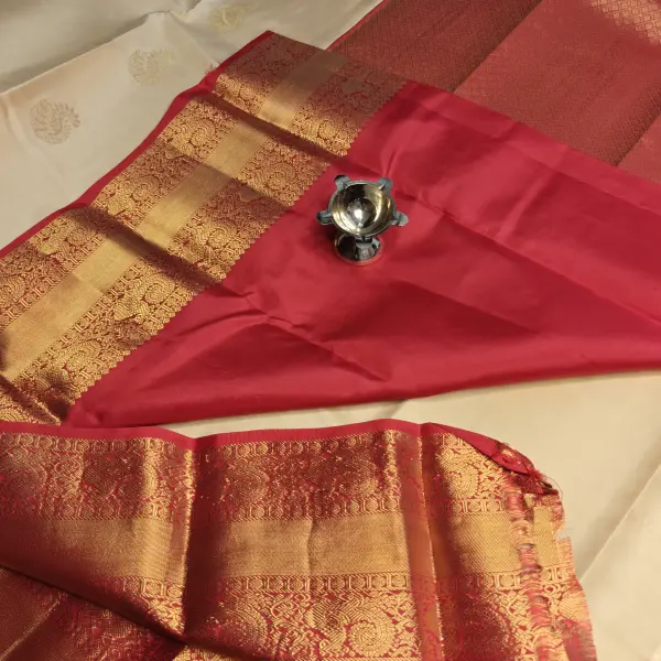 Cream Red with big motifs and large border silk saree