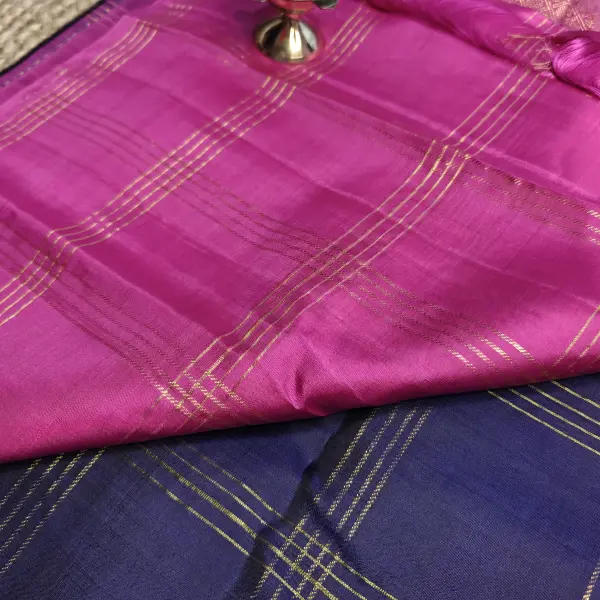 Navy Blue borderless checks with mango motifs silk saree
