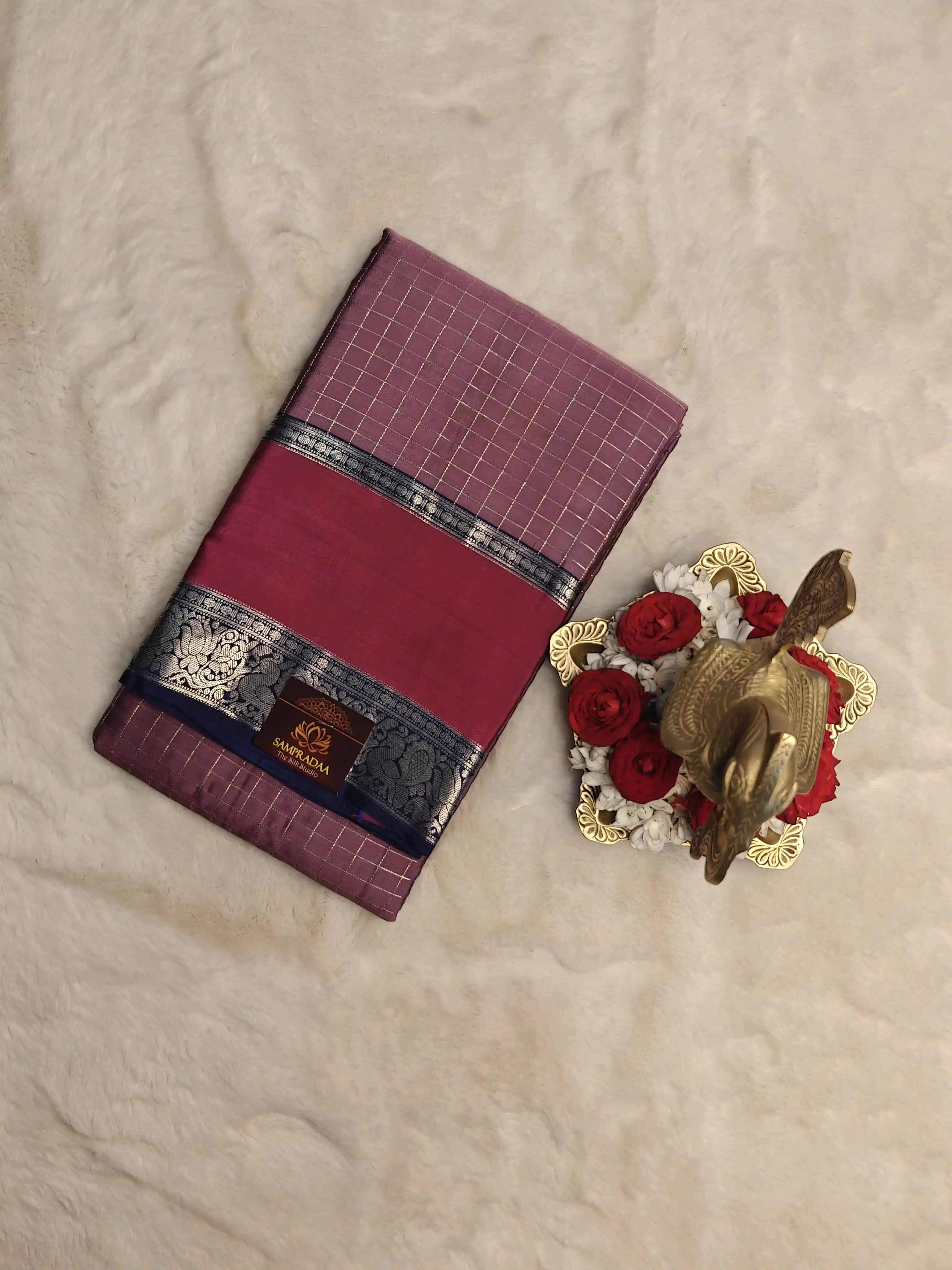Dark lavender with maroon border checks silk saree