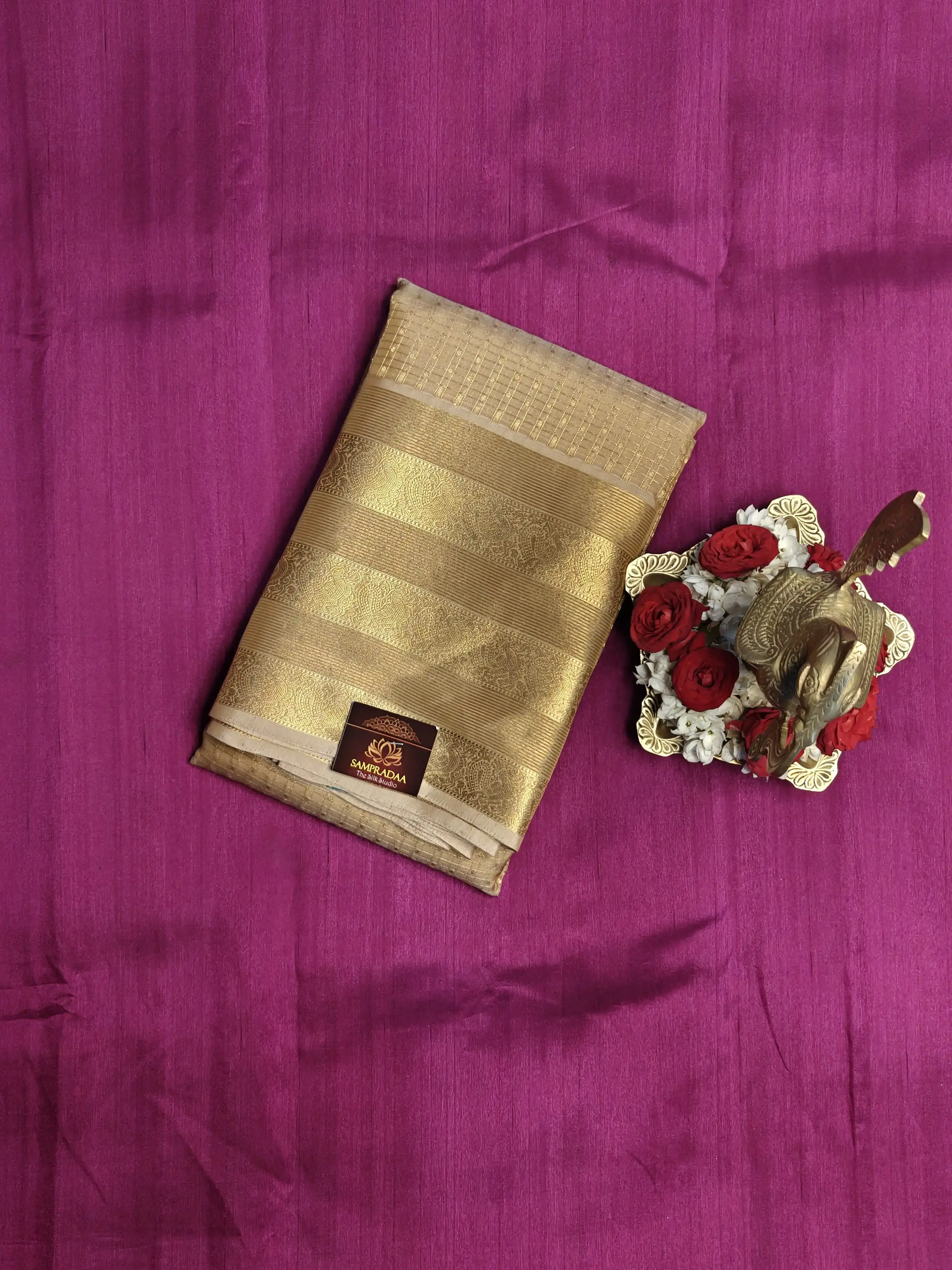 Cream with Teal blue long border silk saree