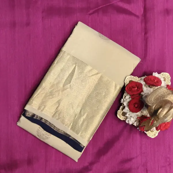 Cream large motifs with navy blue contrast silk saree